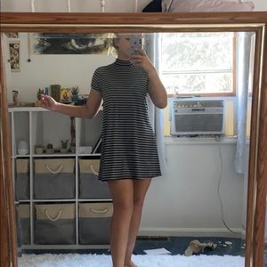 black and white striped mock neck t shirt dress